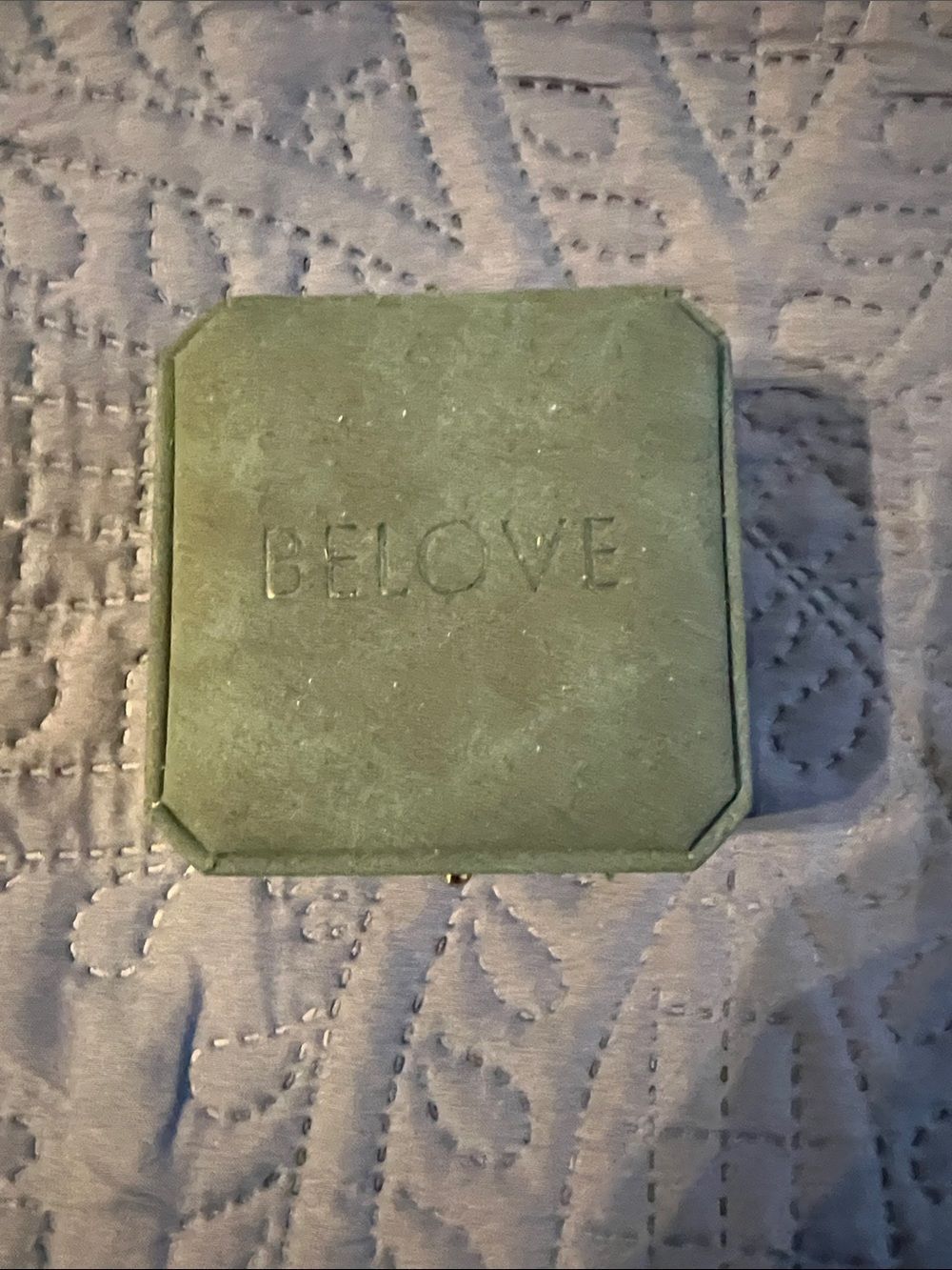BELOVE Velvet Jewelry Box in Sage Green with Adjustable Ring.
